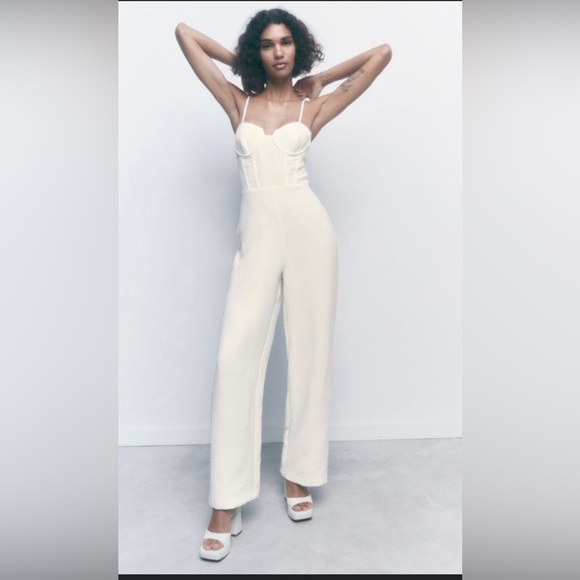 ZARA WIDE LEG PALAZZO CORSETRY INSPIRED JUMPSUIT CORSET LIKE  WHITE XS - Picture 3 of 5